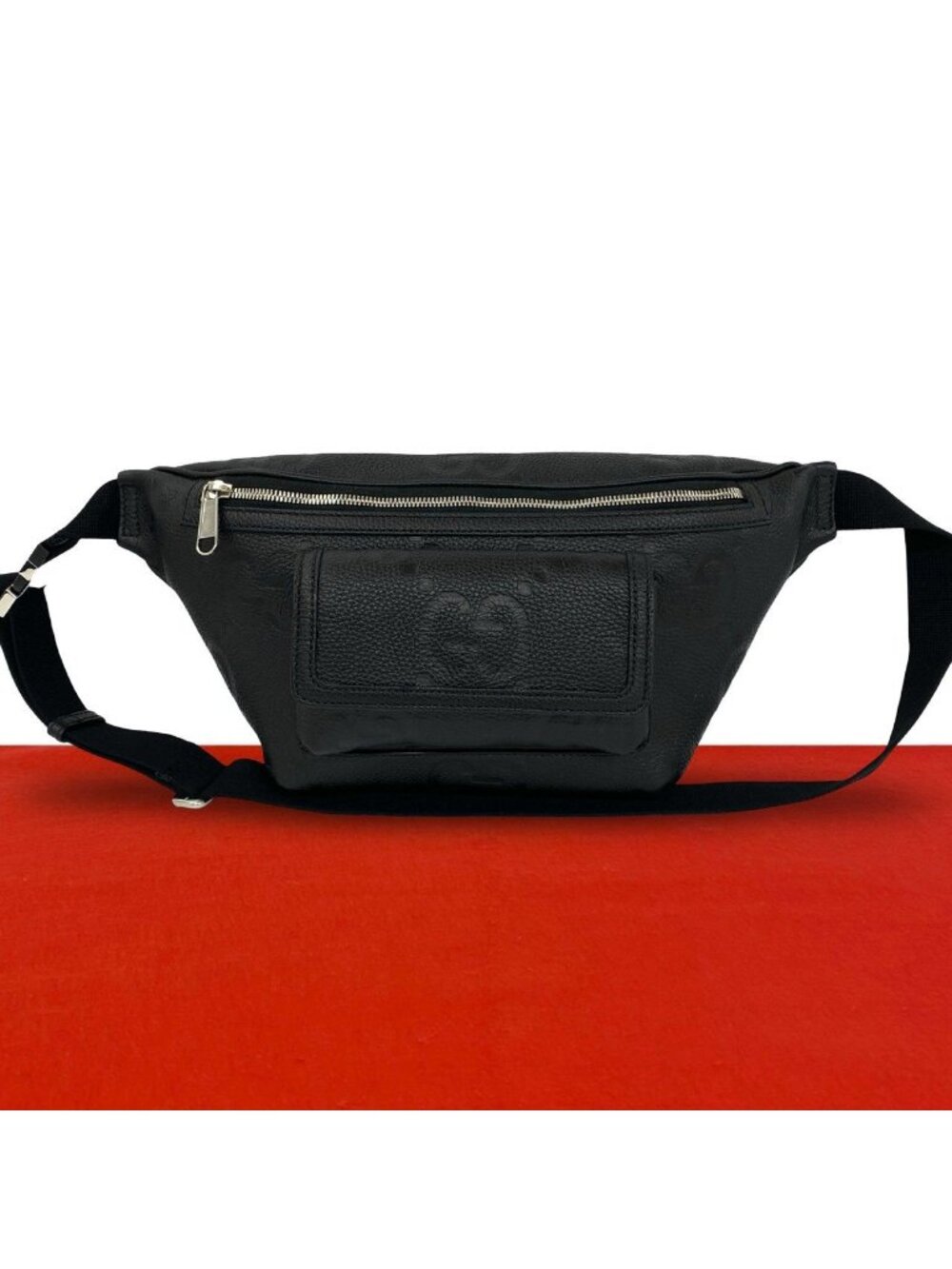 Gucci Jumbo GG Stamp Leather Belt Bag Waist Pouch Black